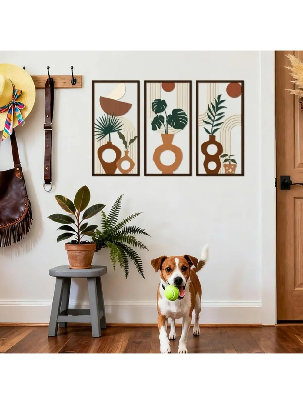 3 Pcs Boho Metal Wall Art Set - Mid Century Modern Plant Vase Decor, Tropical